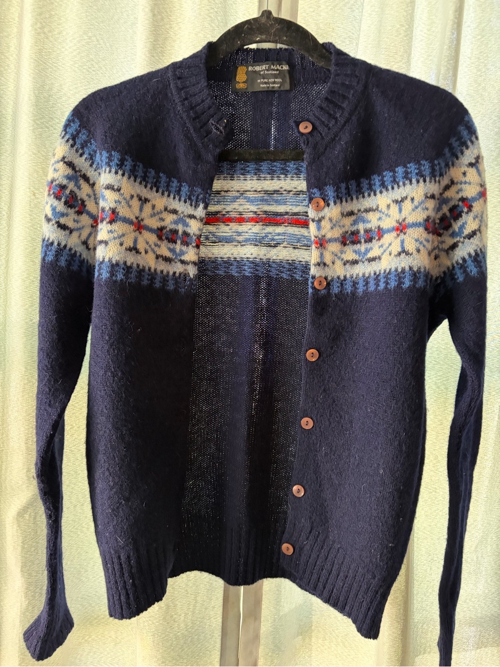 Vintage Robert Mackie Navy Fair Isle Wool Cardigan Sweater.